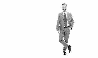 happy grizzled business man in suit full length holding laptop isolated on white copy space, business professional.