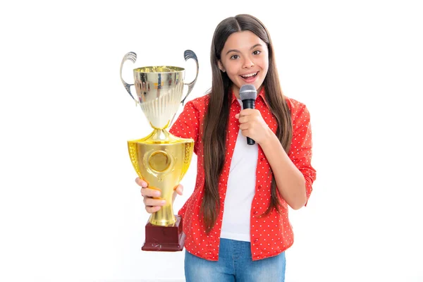 Adolescente Sosteniendo Discurso Micrófono Trofeo Niño Ganador Niño Ganó Competencia —  Fotos de Stock