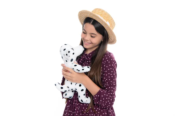 少女抱着毛绒玩具 与白色背景隔离 童年时代快乐 快乐微笑的少女的画像 — 图库照片