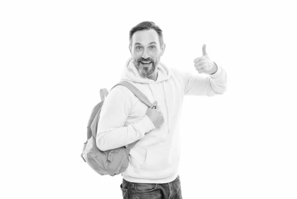 Happy Mature Man Beard Moustache Hoody Carry School Bag Backpack — Stock Photo, Image