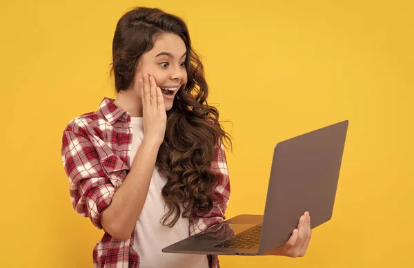 Surprised Smart Kid Hold Laptop School Online Lesson Video Call — Stock Fotó
