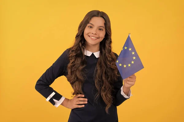 Educación Escuela Idiomas Extranjeros Niño Alegre Sosteniendo Bandera Unión Europea — Foto de Stock