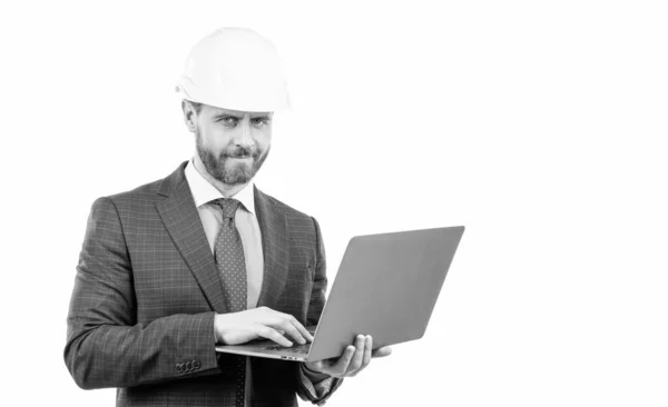 Gegevensbescherming Internetbeveiliging Zakenman Met Laptop Planning Van Kopieerruimtearchitect Hoofdingenieur Hardhat — Stockfoto