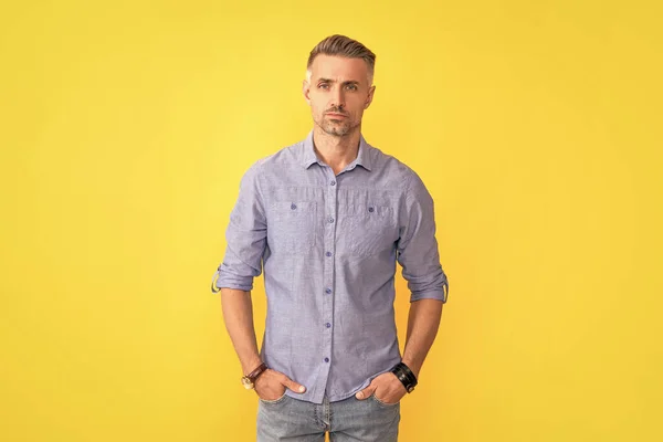 mature man with gray beard. hair and beard care. male fashion model on yellow background. handsome guy with graying bristle. mens beauty. hoary man portrait with grizzled hairstyle.