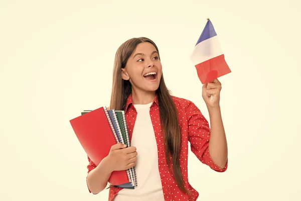 Ταξιδέψτε Στη Γαλλία Εκμάθηση Ξένης Γλώσσας Έκπληκτος Έφηβος Κορίτσι Κατέχουν — Φωτογραφία Αρχείου