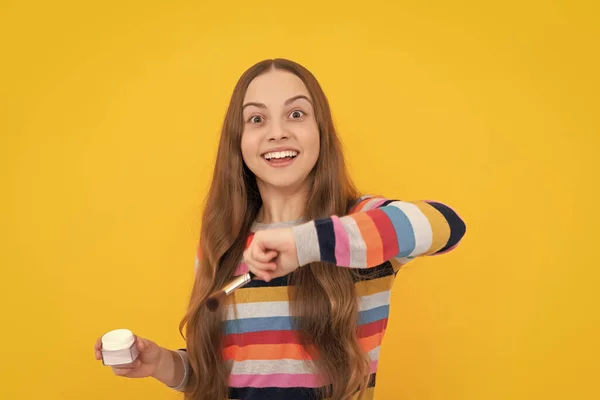 Happy Girl Child Apply Makeup Powder Brush Yellow Background Cosmetics — Fotografia de Stock
