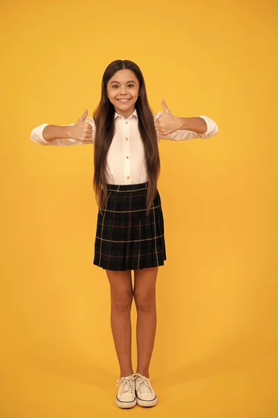 Happy Child School Uniform Full Length Showing Thumbs Yellow Background — Stock Photo, Image