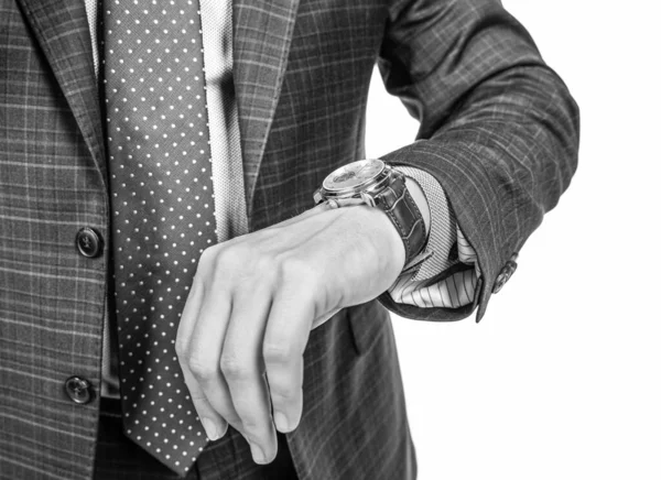 Man Formal Suit Cropped View Check Time Wrist Watch Isolated — Stock Photo, Image