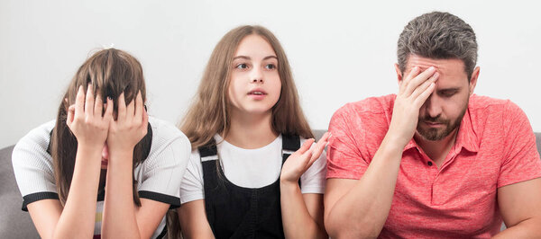 Parents and family or child problems. psychologist give family therapy for dad mom and daughter girl, psychology.