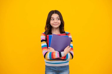 Okula dönelim. Kitabı öğrenmeye hazır ergen bir kız öğrenci. İzole edilmiş sarı stüdyo geçmişi olan liseli kızlar. Mutlu ergen, pozitif ve gülümseyen genç kız duyguları