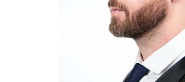 İnsan yüzü portresi, fotokopi alanı olan pankart. Saç ve sakal bakımı. Beyaz üzerine izole resmi iş adamı