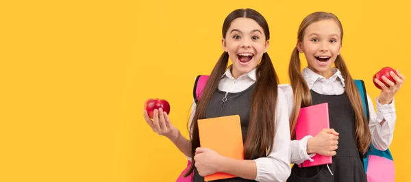 School girls friends. Happy kids in school uniforms hold books and apples for healthy eating school meal, snack. Banner of school girl student. Schoolgirl pupil portrait with copy space