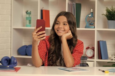 Telefonla blog yazıyorum. Cep telefonlu vlogger kıvırcık saçlı. İyi ki genç kız blogcu akıllı telefon kullanıyor. Okula dönüyorum. Çocuk sınıfta selfie çekiyor. Eylül 1 çocuk video blogu yapıyor.