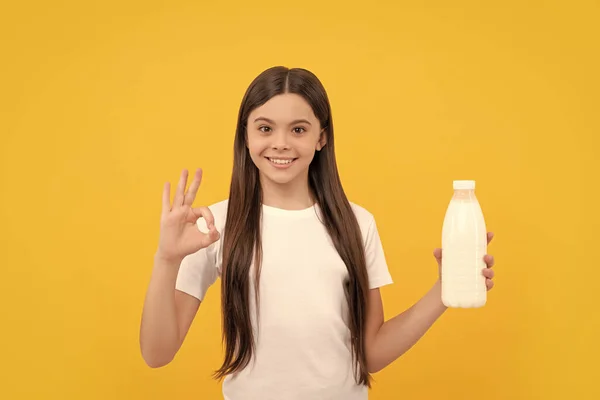 Happy Child Hold Dairy Beverage Product Teen Girl Going Drink — Stok fotoğraf