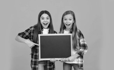 Okula dönüyorum. Çocuklar yenilik bilgisi sunuyorlar. Çocukluk eğitimi. Duyuru için kopyalama alanı. Eğitici bir terfi teklifi. Okul satışı. Şaşırmış kızlar karatahta tutarlar. Çocuklar reklam yapıyor..