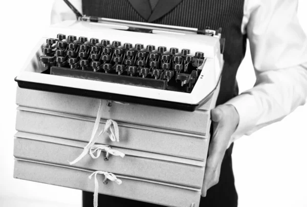 Retro Typewriter Heap Folders Male Hands Work — Stock Photo, Image