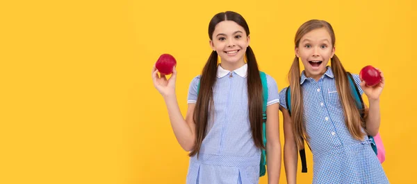 学校女生朋友 快乐的孩子手里拿着苹果 学校营养 粮食教育 回到学校的小吃 学校女生的横向孤立海报 女学生复制空间的横幅头像 — 图库照片