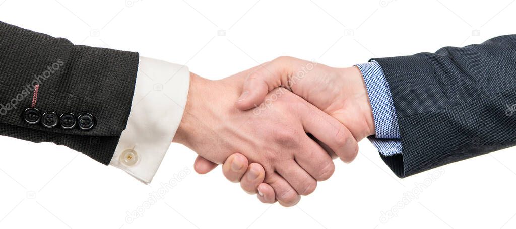 men shaking hands after successful business deal, partnership. Horizontal poster design. Web banner header, copy space