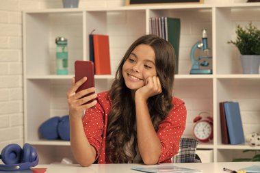 1 Eylül 'de video blogu yapan bir çocuk. Telefonla blog yazıyorum. Cep telefonlu video blogcusu şirin görünüyor. Neşeli genç kız blogcu akıllı telefon kullanıyor. Okula dönüyorum. Çocuk sınıfta selfie çekiyor..