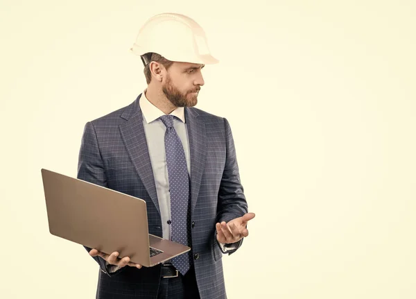 Civil Engineer Hardhat Suit Hold Laptop Computer Isolated White Copy — Stock Photo, Image