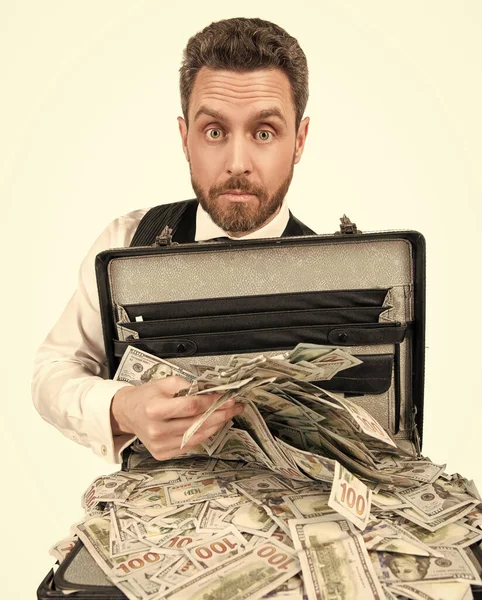 Shocked Man Hold Cafe Money Isolated White Background Bribe — Stock Photo, Image