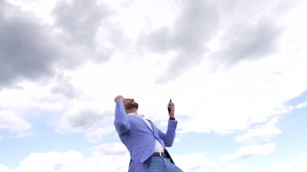 Excited Businessman Cellphone Scream Making Winning Gesture Sky Excitement — Video Stock