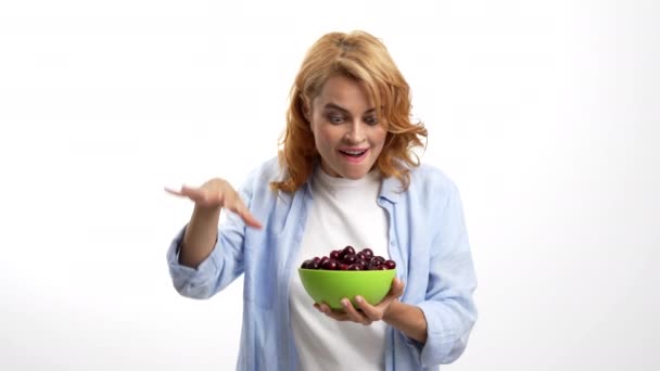 Cheerful Hungry Woman Eating Cherry Bowl Hunger Berry Vitamin — Video Stock