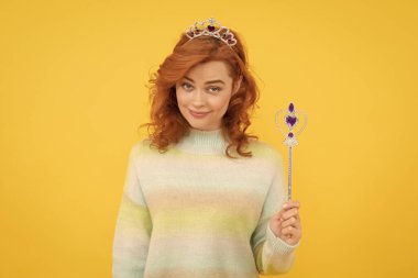 redhead woman in crown. queen with magic wand. selfish princess in tiara. woman hold magic stick. egoistic girl wear diadem. arrogance and selfishness. make a wish. fairy godmother. clipart