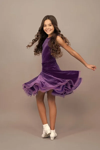 Cheerful Kid Long Curly Hair Dancing Ballroom Dress Full Length — 스톡 사진