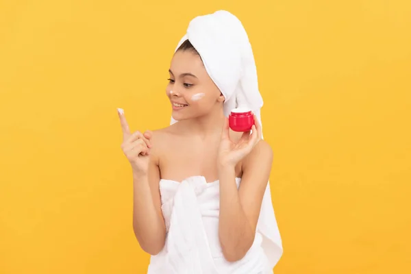 Happy Teen Child Shower Towel Applying Facial Cream — Fotografia de Stock