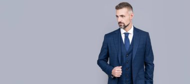 mature man ceo with grizzled hair in formal suit copy space, businesslike. Man face portrait, banner with copy space
