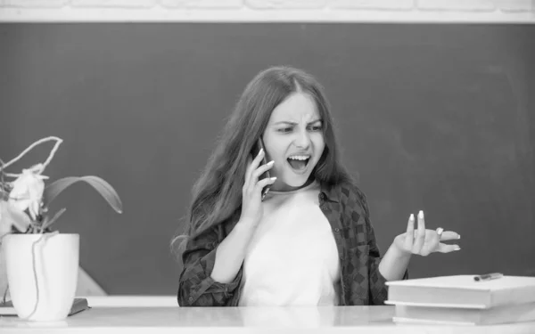 Aggressive Kid Speaking Smartphone Classroom Blackboard Phone Call — Stock Fotó