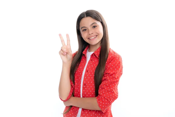 Szczęśliwa Uśmiechnięta Nastolatka Portret Wesołego Nastolatka Dziewczyna Pokazuje Znak Izolowane — Zdjęcie stockowe