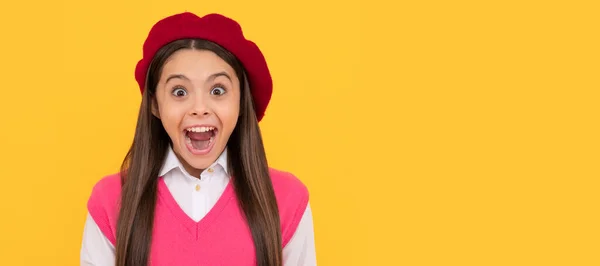 Surprised Teen School Girl French Beret Yellow Background Happiness Child — Stok fotoğraf