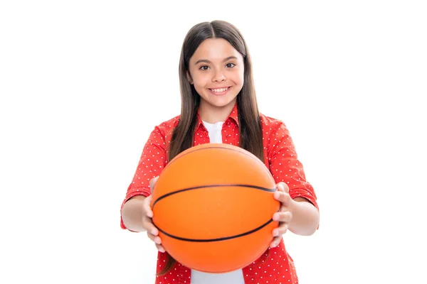 Teen Girl Basketball Ball Isolated White Background Portrait Happy Smiling — Stock fotografie