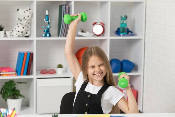 Strong Child Hold Barbells School Classroom — Stockfoto