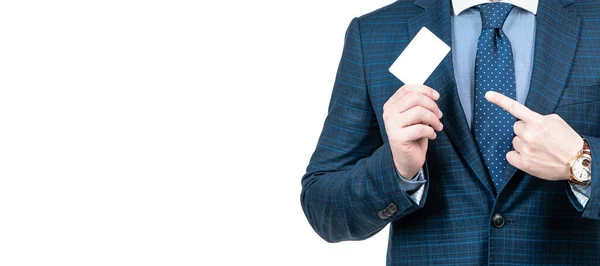 Cropped Man Suit Pointing Finger Empty Debit Business Card Copy — Zdjęcie stockowe
