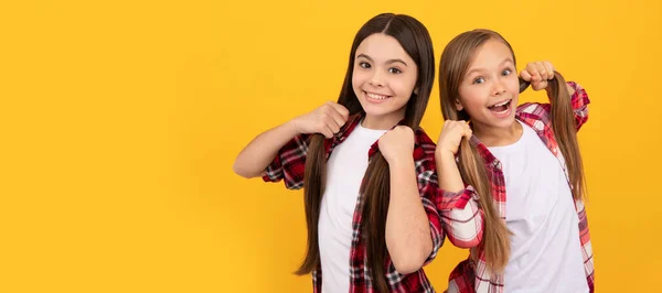 Happy Children Casual Checkered Shirt Hold Long Straight Hair Yellow — Stockfoto