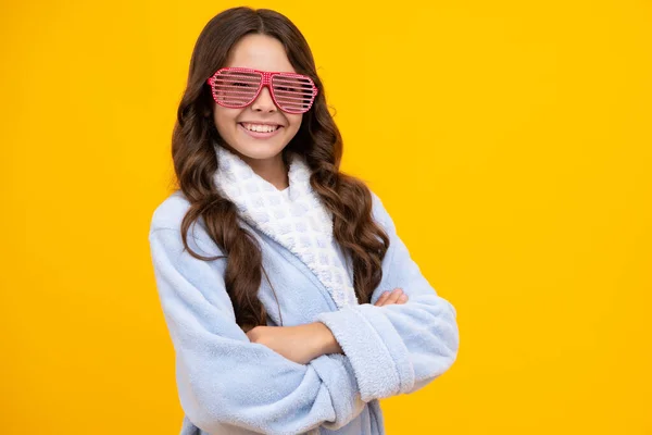 Portrait Teenage Girl Funny Glasses Pajama Home Bathrobe Feeling Fun — Fotografia de Stock