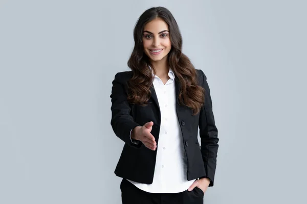 Business Woman Suit Smiling Friendly Offering Handshake Greeting Welcoming Successful — Stock Photo, Image