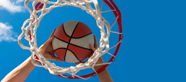 Hands Basketball Player Throws Ball Hoop Success Horizontal Poster Design — Stok fotoğraf