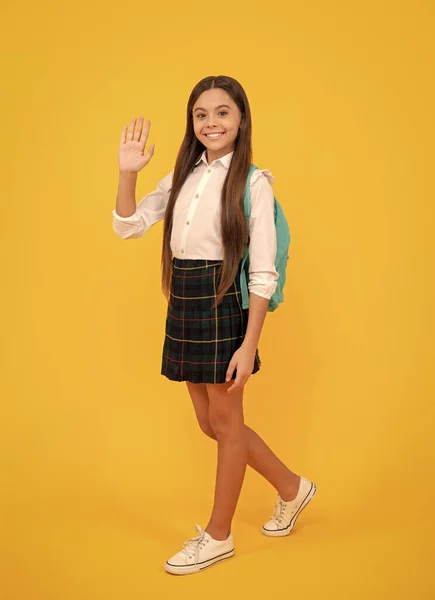 Back School Knowledge Day Concept Education Kid Uniform Yellow Background — 图库照片