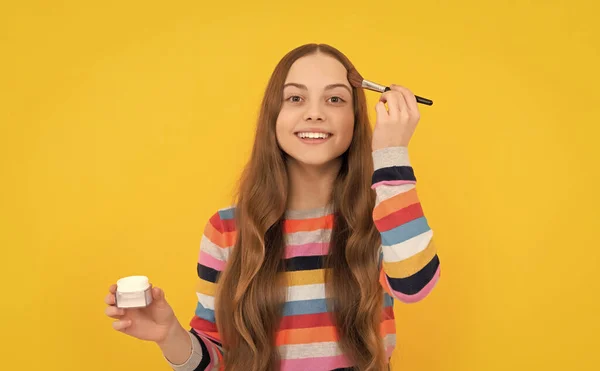 Happy Girl Child Apply Foundation Powder Brush Yellow Background Makeup — Stock Photo, Image