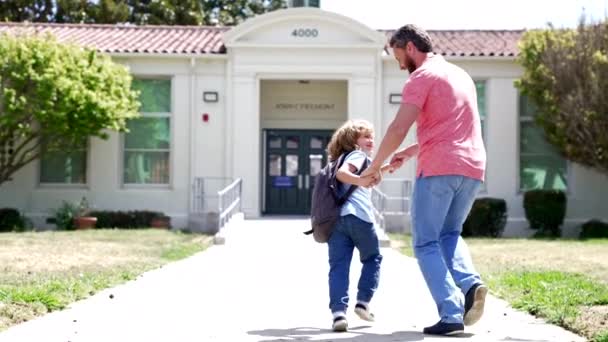 Cheerful Dad Kid Have Real Fun School Slow Motion Family — Stock video