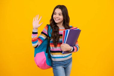 School teenager child girl with book and copybook. Teenager student, isolated background. Learning and knowledge. Go study. Education concept. Happy teenager, positive and smiling emotions
