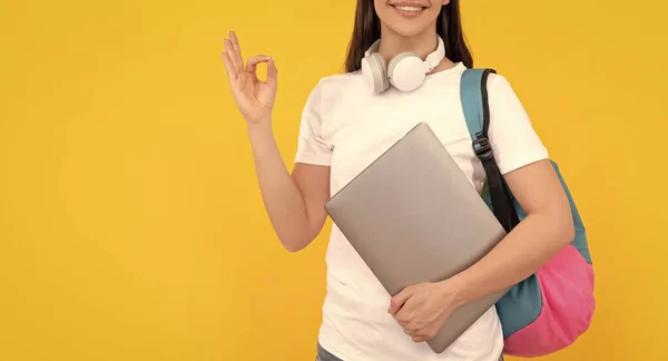 Sarı Arka Planda Kulaklığı Bilgisayarı Olan Pozitif Bir Kadın Iyi — Stok fotoğraf