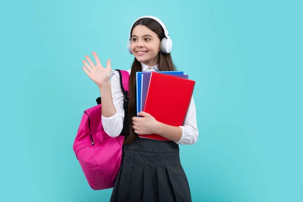 Schoolchild Teenage Student Girl Headphones School Bag Backpack Blue Isolated — Foto de Stock