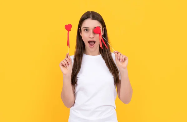 Positive Woman Love Heart White Shirt Yellow Background Womens Day — Foto Stock