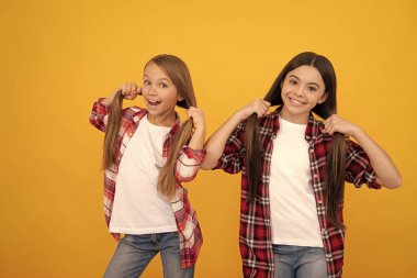 Gülümseyen çocuklar uzun düz saçları tutarlar. Güzellik ve moda. Kadın manken. Sıradan tişörtlü genç kızlar. Çocuk arkadaşlarının portresi. Olumlu duygularını ifade et. dostluk.