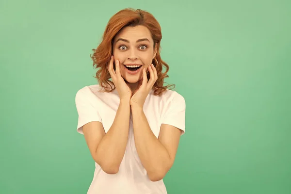 Surprised Portrait Redhead Lady Blue Background Express Positive Emotions Surprise — Stock Fotó